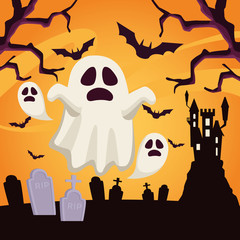 Sticker - happy halloween card with ghosts floating in cemetery scene