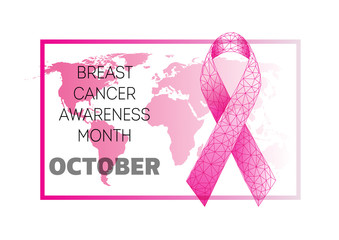 Wall Mural - Breast cancer awareness month banner template with pink ribbon bow and world map