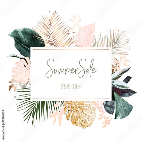 Fotomural Tropical elegant pastel frame arranged from exotic and dried palm leaves