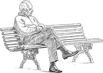 Wall Mural - Sketch of lonely old man sitting in brooding on park bench