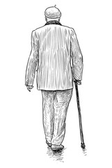 Wall Mural - Sketch of senior man with stick walking down street