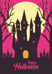 Sticker - happy halloween card with haunted castle in cemetery silhouette