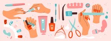 Set Of Manicure And Nail Care Icons With Assorted Tools And Accessories, Nail Lacquer And Female Hands , Colored Vector Illustration