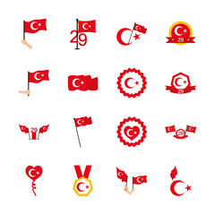 Poster - hands holding a turkey flgas and turkey republic icon set, flat style