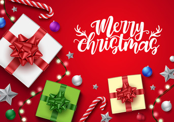 Merry chirstmas vector background template design. Merry chirstmas text in red empty space for greeting messages with gift, balls, candy cane and lights element for xmas season decoration. 