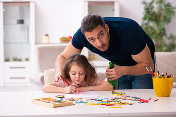 Sticker - Drunk father and little girl indoors