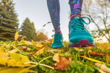 Walking Outdoor In Autumn Nature Park. Woman Going Outside Taking A Step With Running Shoes In Yellow Fall Leaves.