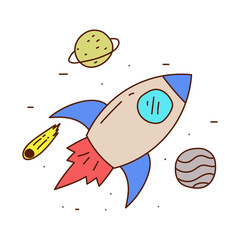 Canvas Print - cute rocket and planets hand drawn doodle vector illustration isolated on white background