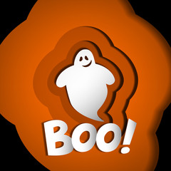 Wall Mural - boo happy halloweeen greeting card  design with cute ghost on orange background paper cut style