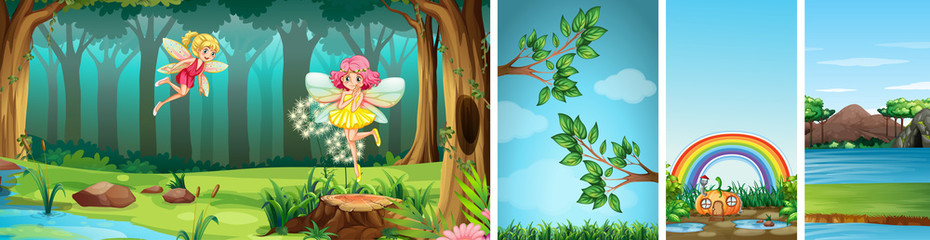 Sticker - Four different scene of fantasy world with fantasy places and fantasy characters such as fairies