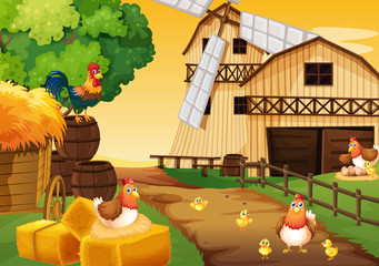 Sticker - Farm scene in nature with barn and windmill and chicken