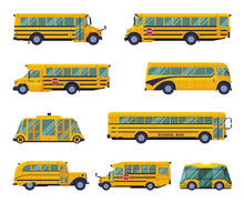 Yellow School Buses Set, Students Transportation Modern And Vintage Vehicles Flat Vector Illustration Isolated On White Background