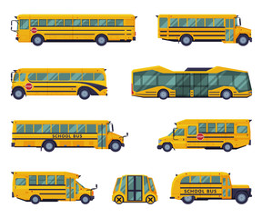 Wall Mural - Yellow School Buses Set, Back to School Concept, Students Transportation Vehicles, Side View Flat Style Vector Illustration