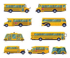 Wall Mural - Yellow School Buses Set, Students Transportation Modern and Vintage Vehicles Flat Vector Illustration Isolated on White Background