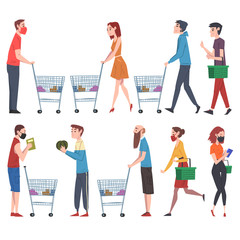 Sticker - People Walking with Shopping Carts and Baskets Set, Men and Women Shopping Groceries at Mall or Supermarket Cartoon Style Vector Illustration