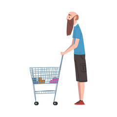 Wall Mural - Bald Bearded Man Standing with Shopping Cart, Person Shopping Groceries at Mall or Supermarket Cartoon Style Vector Illustration