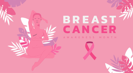 Wall Mural - breast cancer awareness month web banner for charity campaign or disease prevention concept, beautiful bald woman cancer with pink ribbon, vector flat illustration