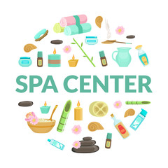 Sticker - Spa Center Banner Template, Natural Cosmetics and Organic Skin Care Symbols Pattern of Round Shape, Beauty Salon, Store, Wellness Center, Vector Illustration