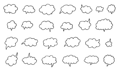 Sticker - Hand drawn cloudy speech bubbles set. Doodle thinking balloons isolated on white background.