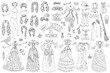 Big set of dress up paper doll with Halloween witch costumes, pot, broom and scary objects.