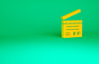 © Kostiantyn - Orange Movie clapper icon isolated on green background. Film clapper board. Clapperboard sign. Cinema production or media industry. Minimalism concept. 3d illustration 3D render.