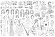 Big collection of dress up paper doll with Halloween witch costumes, pot, broom and scary objects.