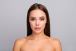 © deagreez - Portrait of charming lovely gorgeous pretty lady spa salon visitor have face skin care procedure look good isolated over grey color background