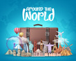 Travel around the world vector design. Travelling suitcase bag and famous landmarks around the world elements with around the world text in blue background. Vector illustration.
