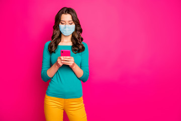 Poster - Portrait of her she attractive slim fit wavy-haired girl using device gadget wearing safety mask browse mers cov tips preventive measures copy space isolated vibrant pink fuchsia color background