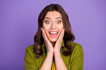 Poster - Portrait of astonished crazy funky girl hear incredible black friday bargain news impressed shout touch hands face wear good look clothes isolated over violet color background