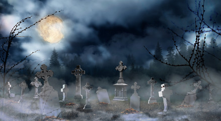 Misty cemetery with old creepy headstones under full moon. Halloween banner design