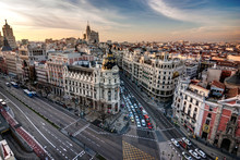 Metropolis Building With A Nice Sunset In Madrid