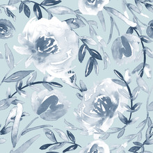 Seamless Watercolor Floral Pattern In Dusty Blue And Indigo. 