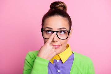 Wall Mural - Closeup headshot photo of cute clever intelligent college girl look finger hold glasses pensive write essay prepare homework wear spectacles colored clothes bright pink color background