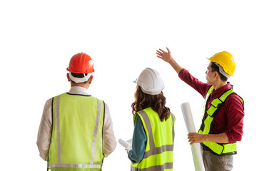 Wall Mural - Three engineer team discussing on construction isolated on white