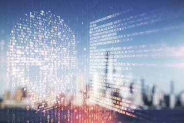 Double exposure of abstract virtual creative code skull hologram on blurry cityscape background. Malware and cyber crime concept