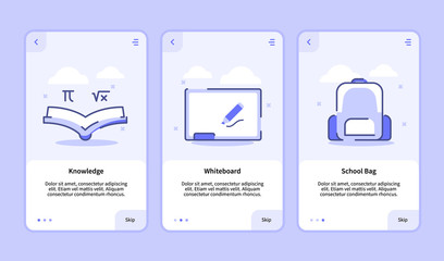Knowledge whiteboard school bag onboarding screen for mobile apps template banner page UI with three variations modern flat outline style
