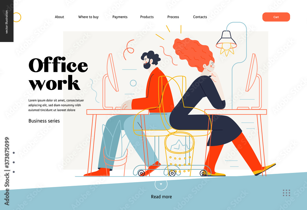 Business topics - office work, web template. Flat style modern outlined vector concept illustration. Man and woman sitting and working at the office desks with desktop computers. Business metaphor. - obrazy, fototapety, plakaty 