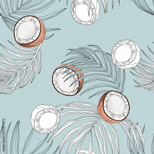 Plant seamless pattern, hand drawn line art coconut and leaves on blue
