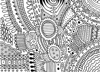 Wall Mural - Boho doodle pattern for coloring book for adults. Coloring page with floral motifs. Psychedelic texture. Zentangle pattern. Vector illustration