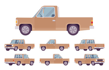 Pickup truck brown set with cab and open cargo area. Large passenger van car, commercial vehicle for country travel or city delivery business. Vector flat style cartoon illustration, different views