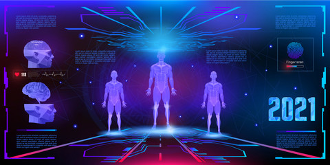 Holographic 3D human projection in 3D space of the HUD user interface. Modern concept banner. Human biometric parameters with virtual medical interface elements set. DNA and bioscanner