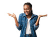 Cheerful African American Girl Shrugging Shoulders Posing Standing In Studio