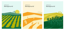 Vector Illustrations With Farm Land, Agricultural Fields, Hills And Landscape. Summer And Autumn Nature. Banners With Agriculture Or Farming. Set Of Abstract Backgrounds. Flyer, Poster, Brochure Cover