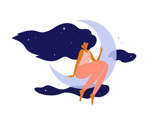 cute girl with long hair sitting on moon. happy woman dreaming in night sky and stars. wellbeing, se