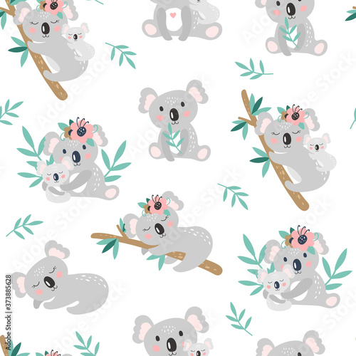 Photo Seamless pattern with cute koala on a white background. Vector
