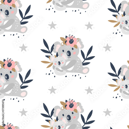 Seamless pattern with cute koala on a white background. Vector Canvas Print
