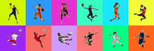 Collage Of Portraits Of 10 Young Jumping People On Multicolored Background In Motion And Action. Concept Of Human Emotions, Facial Expression, Sales. Smiling, Cheerful, Happy. Basketball, Ballet