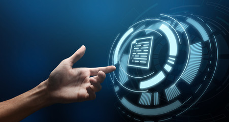 Poster - Data System And Document Management. Hand Touching Virtual Screen With Information Icon