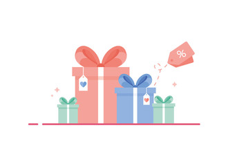 Wall Mural - Colored gift boxes with ribbon and bow. Collection for Birthday, Christmas, xmas, New Year. Presents with a postcard. Discount goods. Pink, blue and green. Eps 10